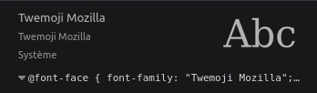 Capture d’écran de l’inspecteur de Polices de Firefox, pour la Twemoji Mozilla.