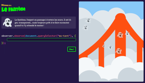 Niveau 2-1 : le fantôme, dans lequel il faut configurer les options du mutationObserver pour enrayer l’invasion. Les fantômes apparaissent sur un décor nuageux, au milieu duquel émerge un pont ressemblant au Golden Gate, à San Francisco.